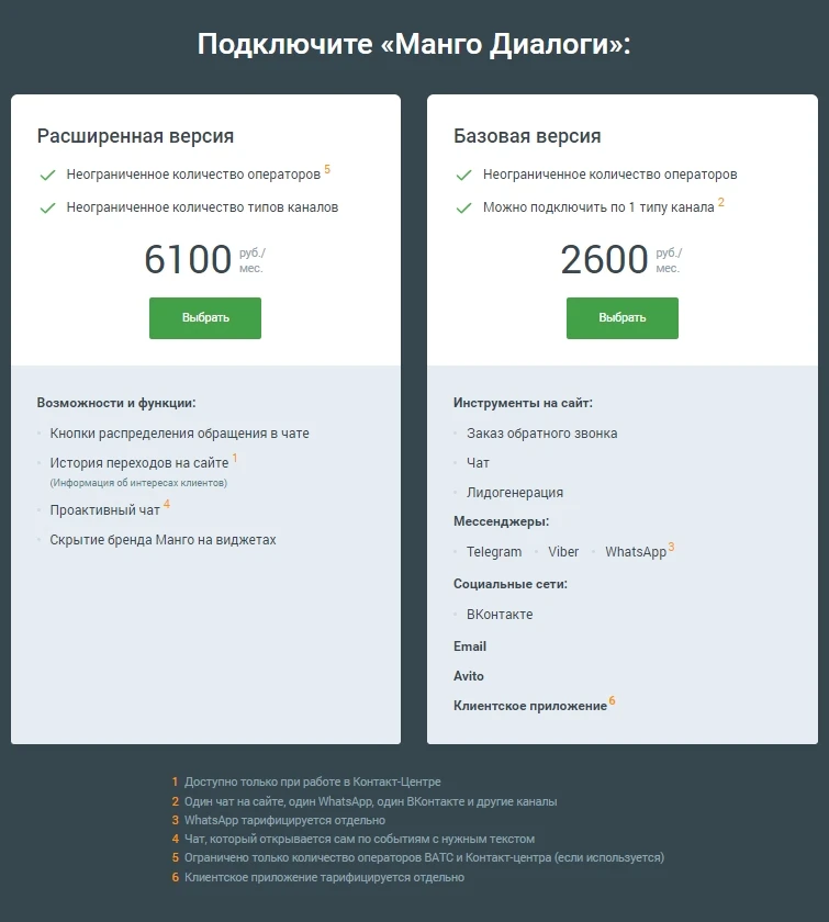Выбор тарифа Манго Диалоги
