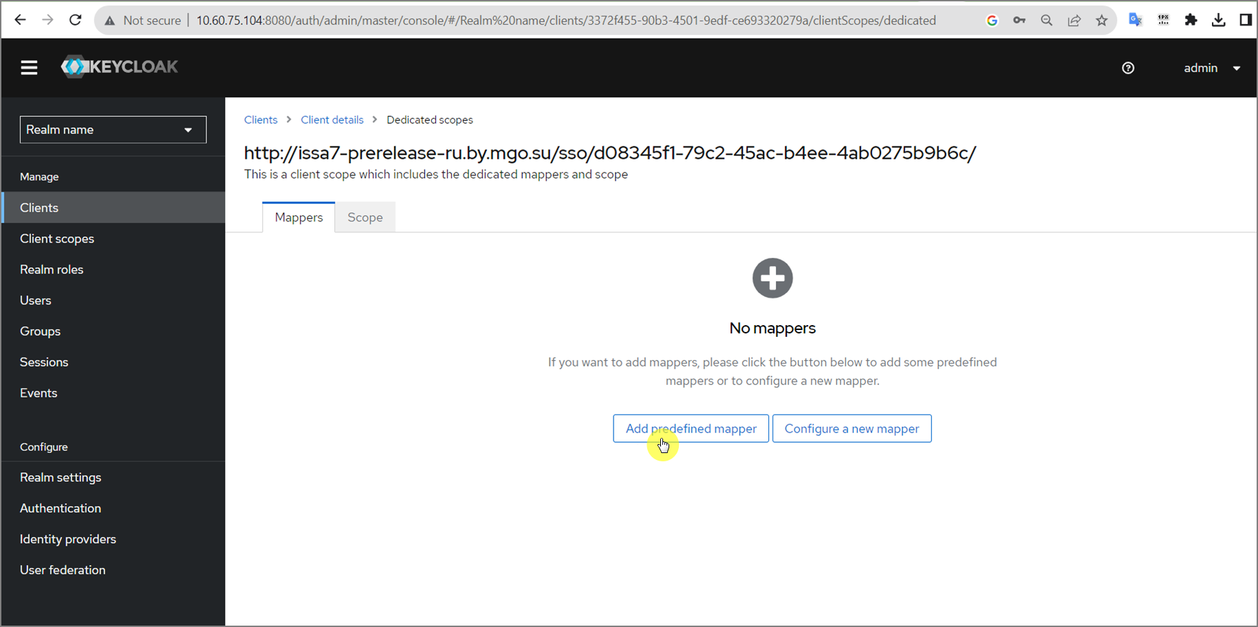 Кнопка Add predefined mapper